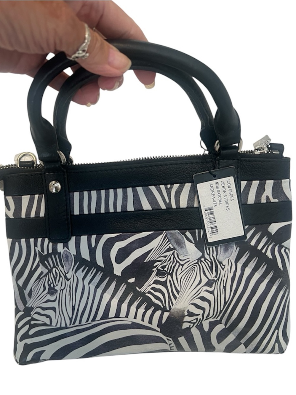 On Trend NWT ICON Black White Zebra Print Mini Satchel Andrea 2 very tiny spots